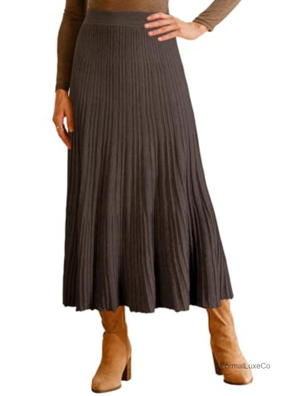 Wool Blend A-Line Pleated Flowy Calf Length Skirt